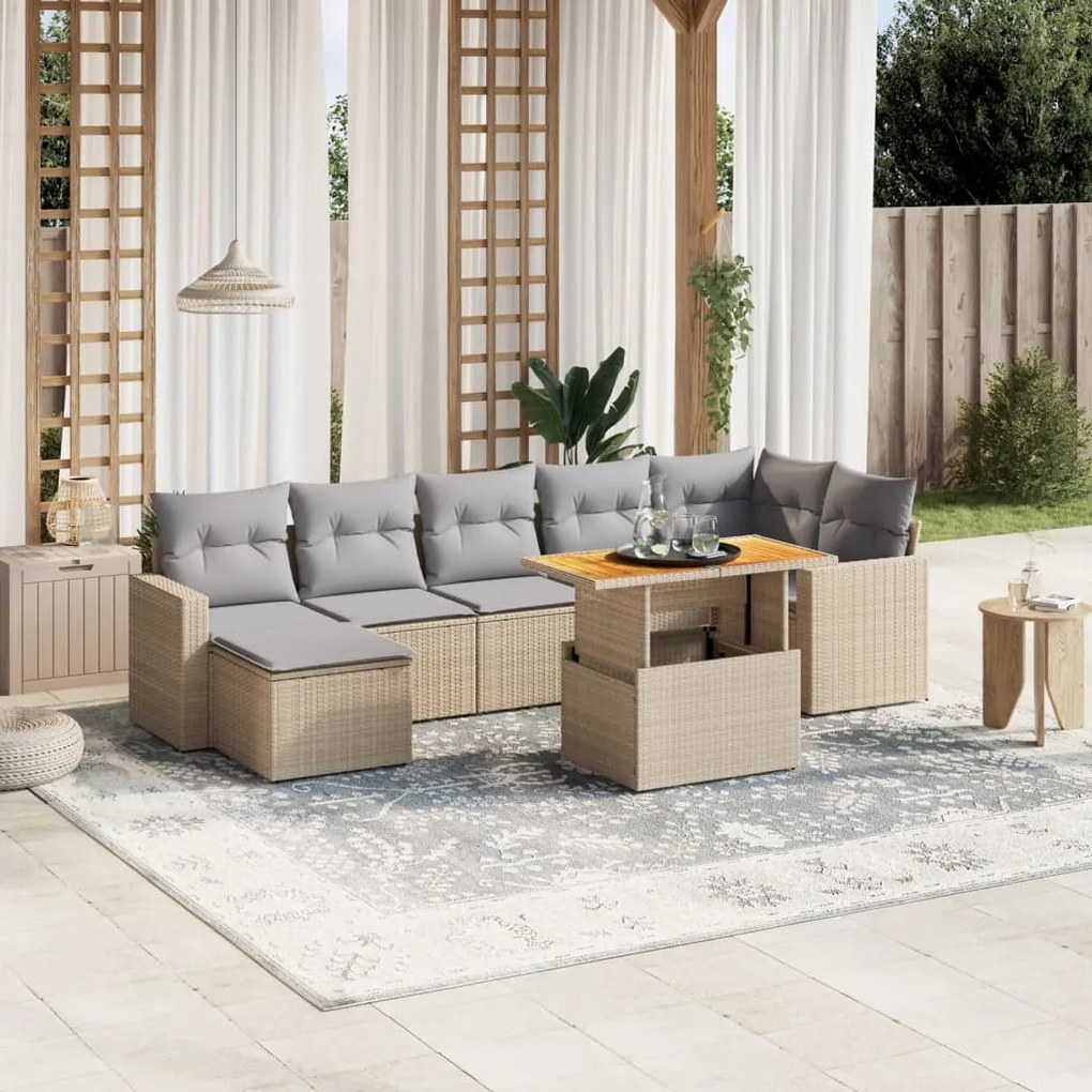 vidaXL 8 pcs conj. sofás jardim c/ almofadões vime PE bege misturado