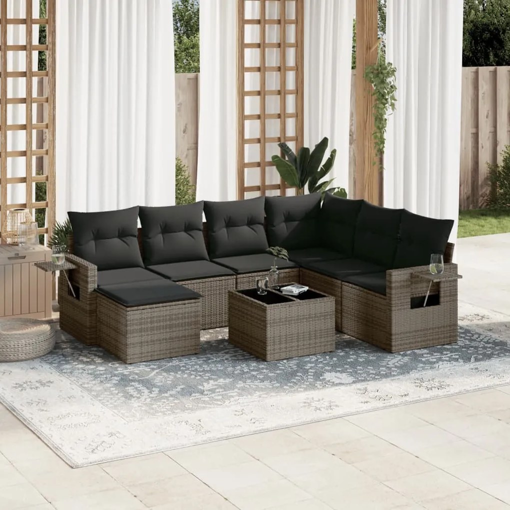 8 pcs conjunto sofás de jardim c/ almofadões vime PE cinzento