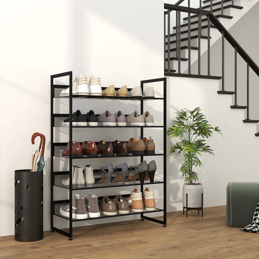 Sapateira Estreita de 5 Níveis em Aço para 15 Pares, 72 x 30 x 102 cm Preta