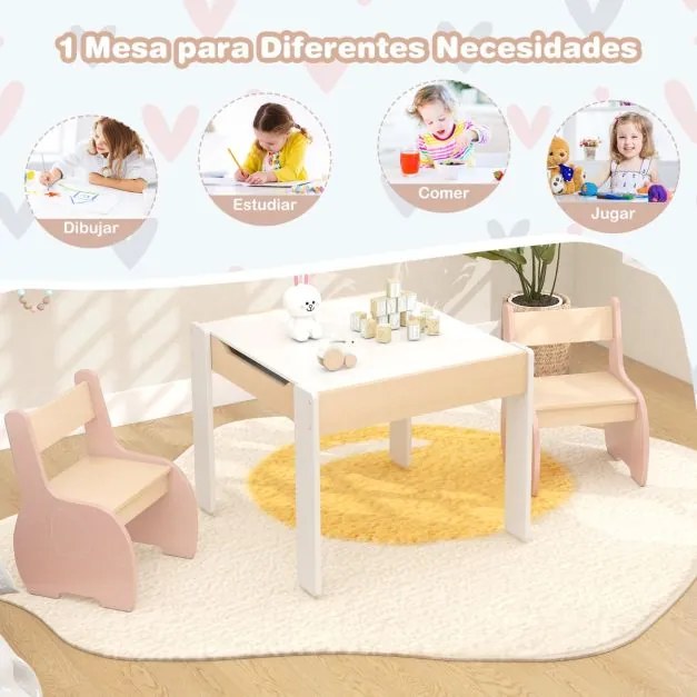 Conjunto de mesa e 2 cadeiras para crianças Mesa de atividades de madeira 4 em 1 para arte, desenho, leitura e quadro removível Rosa