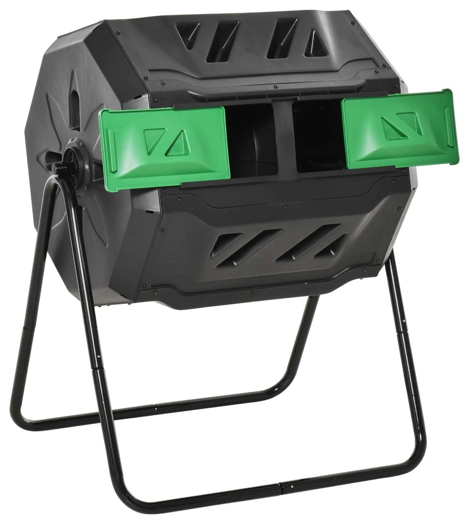 Outsunny Compostor de Tambor Giratório de 160L com Dupla Câmera e Ventilação para Resíduos Orgânicos 71x64x92 cm Preto e Verde
