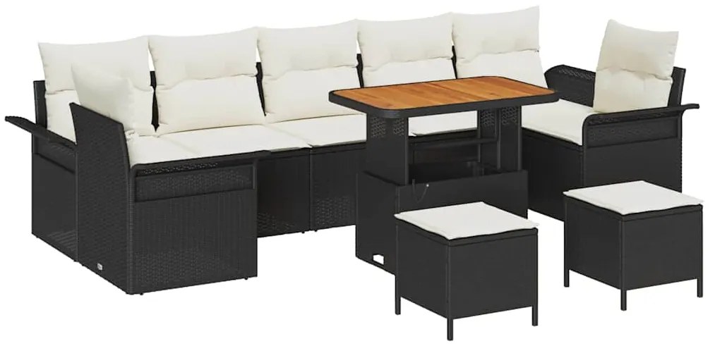 Conjunto de Sofá de Jardim de 10 Peças com Almofadas Preto Rattan Acác