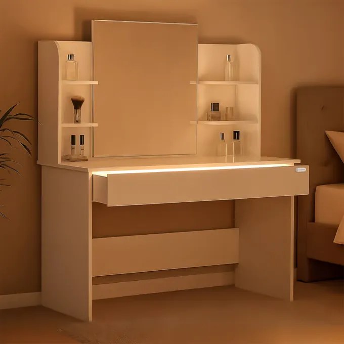 Toucador de maquilhagem Lucia 140x110x40cm, com banco com rodas Branco
