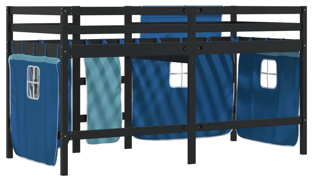 Cama alta p/ criança c/ cortinas 90x190 cm pinho maciço azul