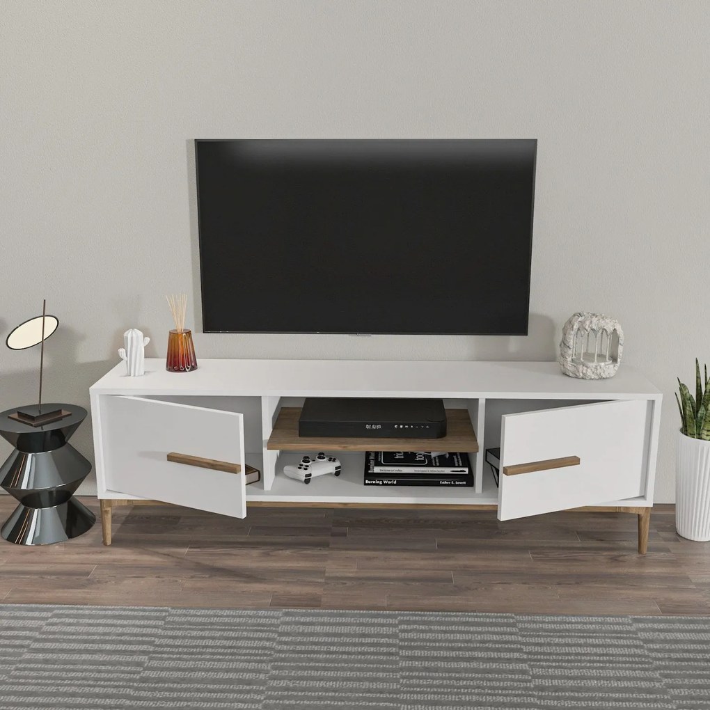 Móvel TV Eslem – Branco e Nogueira – 120 cm x 43,6 cm x 29,6 cm