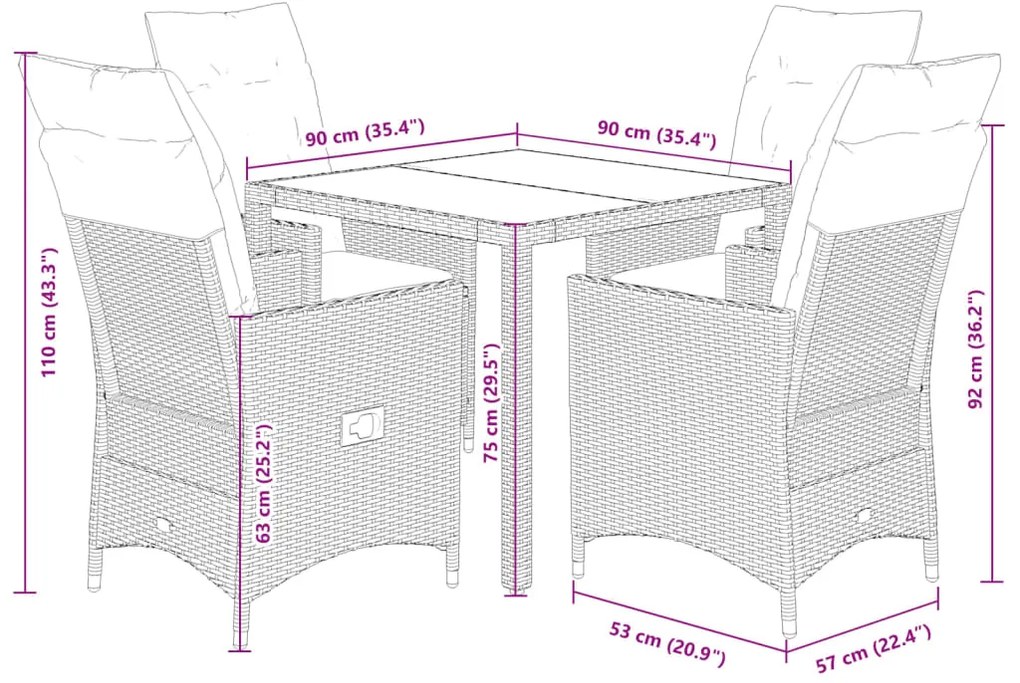 5 pcs conjunto de jantar p/ jardim com almofadões vime PE bege