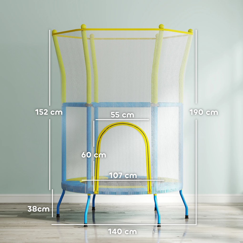Trampolim para Crianças Ø140x190 cm com Rede de Segurança Barras Acolchoadas Carga 45 kg para Interior Multicolor