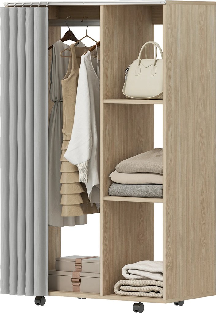 Guarda roupa móvel com 4 Rodas 80 x 40 x 128 cm, varão para roupa e prateleiras, , com acabamento em cor madeira natural