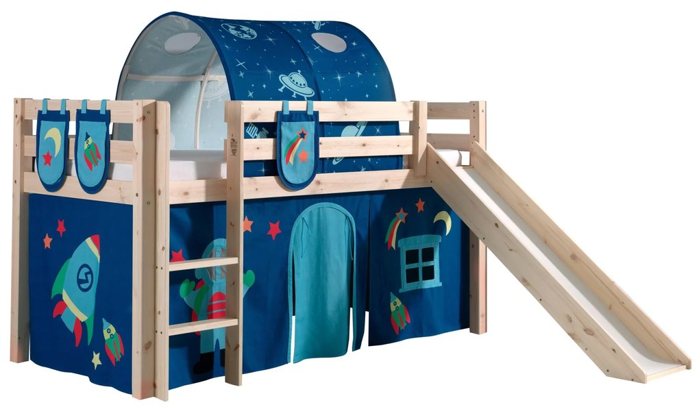 Conjunto Cama alta de Criança PINO 90 x 200 cm + estrado + escada + escorrega + cortina + túnel + bolsas de arrumação Astronauta Natural