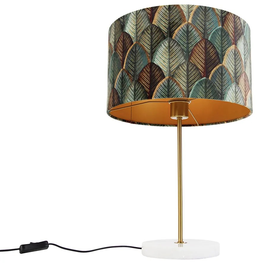 Candeeiro de Mesa em Latão com Abajur de Veludo, Design Folha e Interior Dourado - Kaso