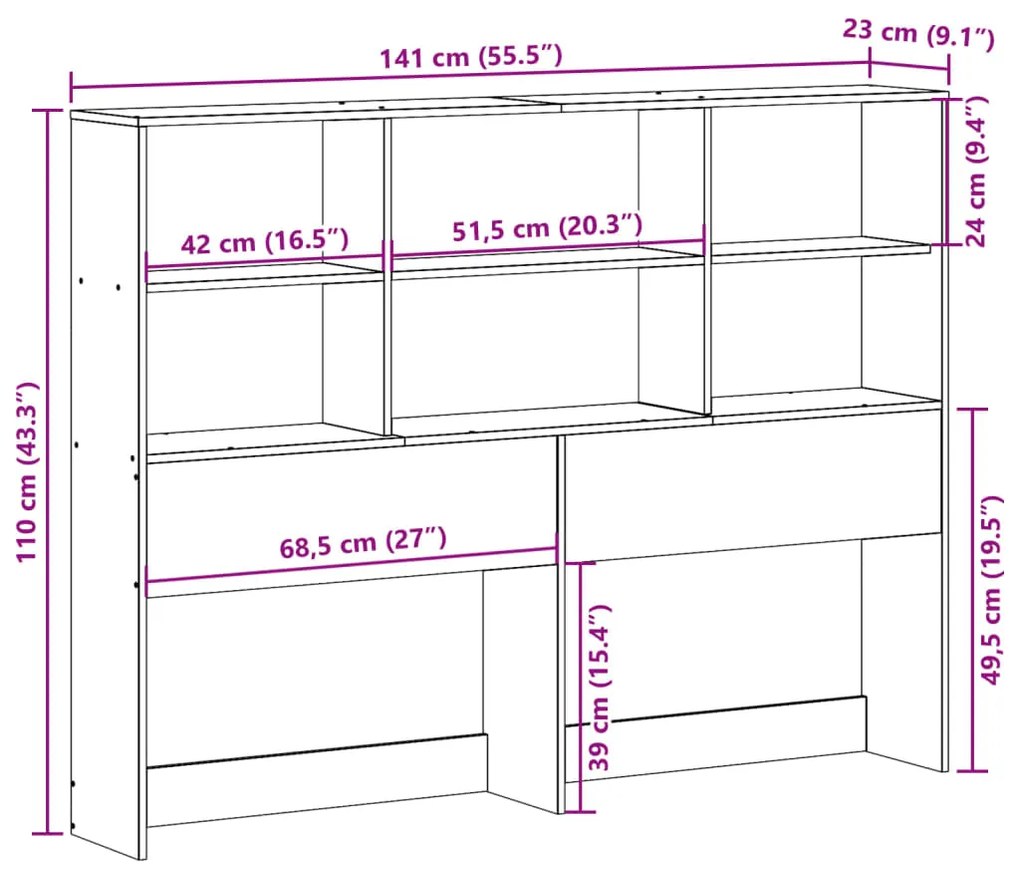 Cabeceira com arrumação 135 cm madeira de pinho maciça