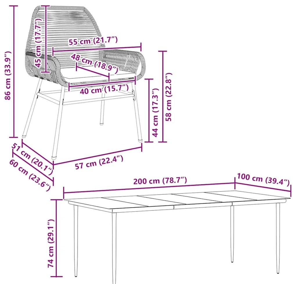 Conjunto jantar jardim 7 peças almofadas vidro vime cinzento PE