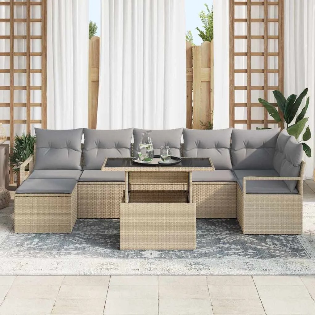 Conjunto de Sofá de Jardim de 8 Peças com Almofadas Bege de Poliéster