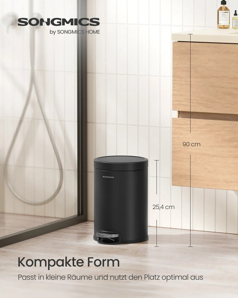 Cesto Lixo Casa Banho com 3 litros de capacidade e tampa com fecho suave 22,4 x 17,3 x 25,4 cm Preto