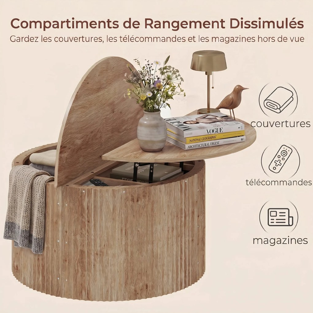 Mesa de Centro Elevável, 80 x 80 x 42 cm, Arrumação Oculta, cor Madeira Natural