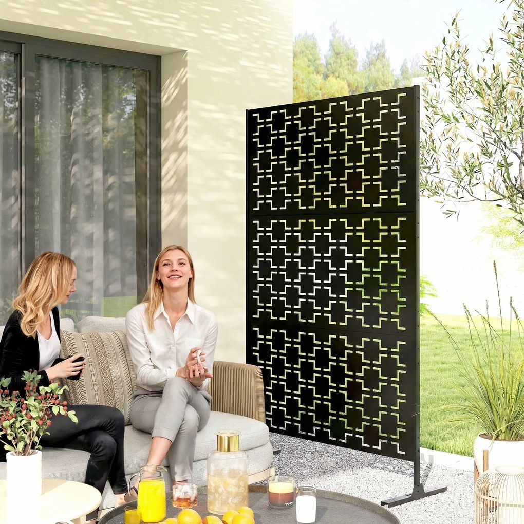 Biombo jardim decorativo de proteção visual para exterior 122 x 45 x 198 cm, com padrão geométrico perfurado em metal preto