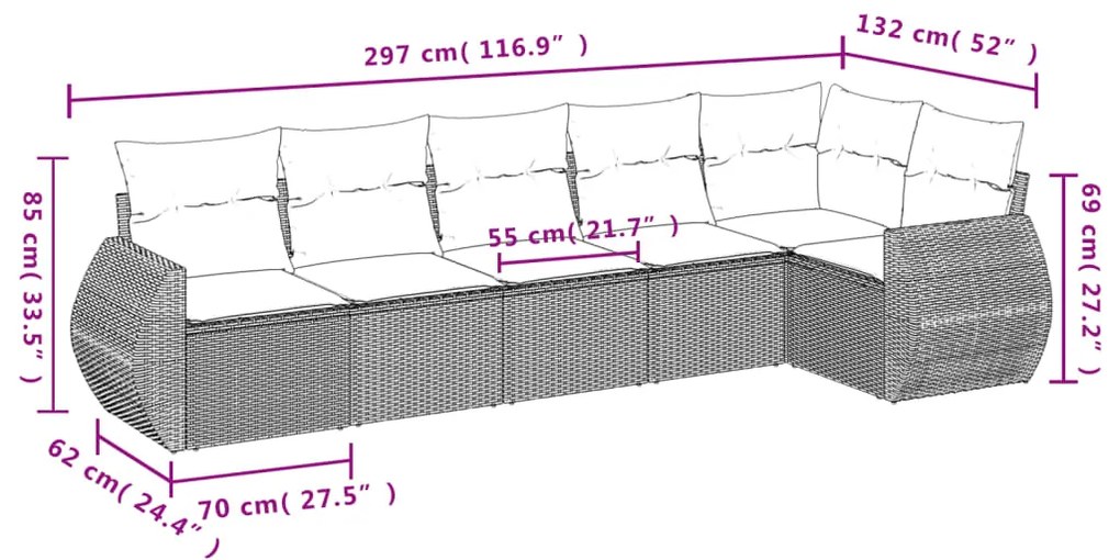 6 pcs conj. sofás jardim com almofadões vime PE cinzento-claro