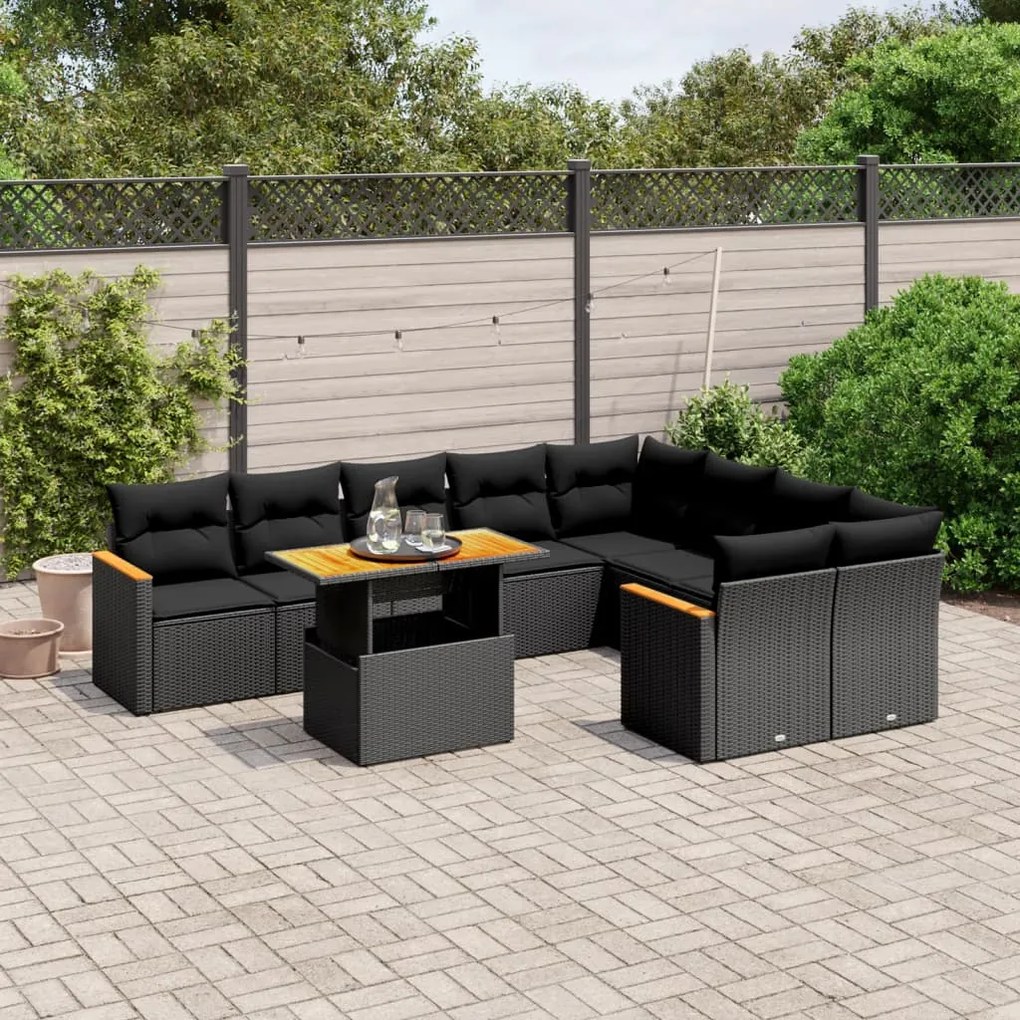 10 pcs conjunto sofás de jardim c/ almofadões vime PE preto