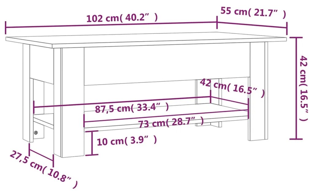 Mesa de centro 102x55x42 cm contraplacado cinzento cimento