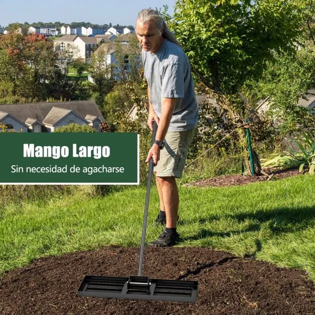 Ancinho nivelador de relva 75 x 25 cm com cabo ergonómico para solo de jardim, pátio, quinta - Preto