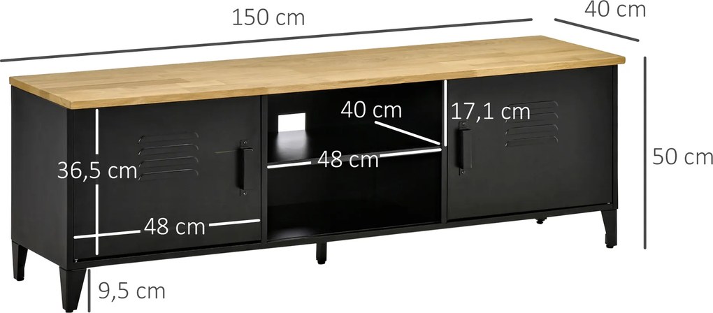 Móvel de TV 150 x 40 x 50 cm para televisores de 55'' com 2 armários, pés ajustáveis, preto e tampo em cor natural