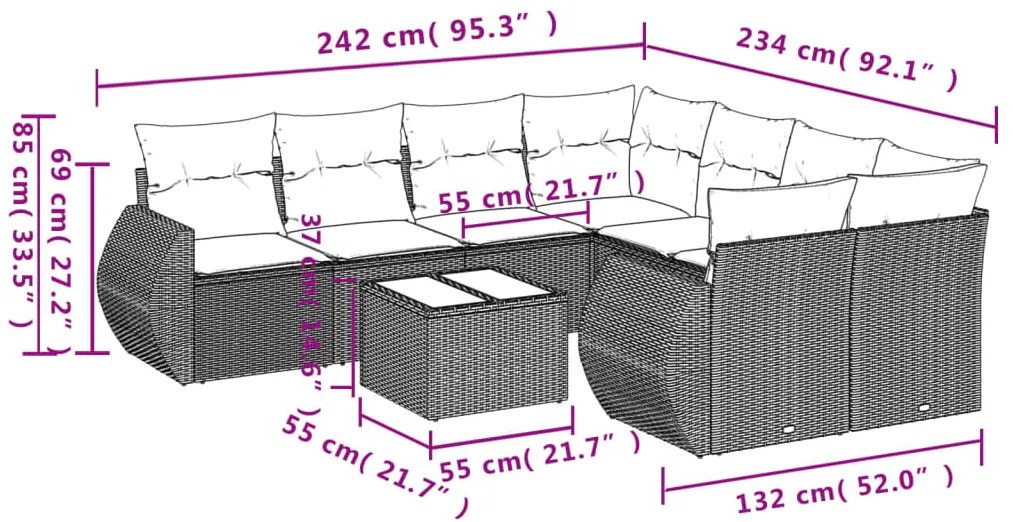 9 pcs conj. sofás jardim com almofadões vime PE cinzento-claro