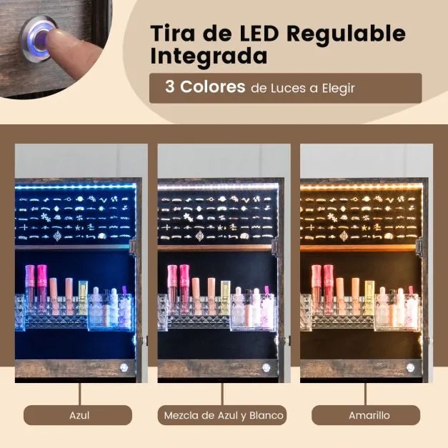 Armário para jóias com espelho de corpo inteiro iluminado com luzes LED  2 gavetas 3 ângulos ajustáveis nogueira