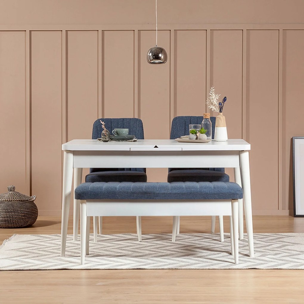Conjunto de Mesa de Jantar Extensível e Cadeiras Vina – Branco e Azul