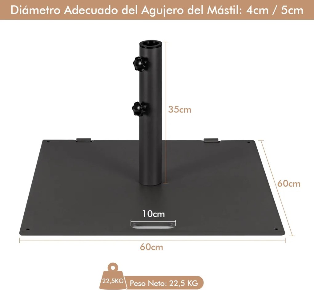 Base para guarda-sol de jardim, 22,5 kg, quadrada, 60 cm, com adaptadores de 4 cm e 5 cm, 2 puxadores, 2 rodas, alça resistente às intempéries, preta
