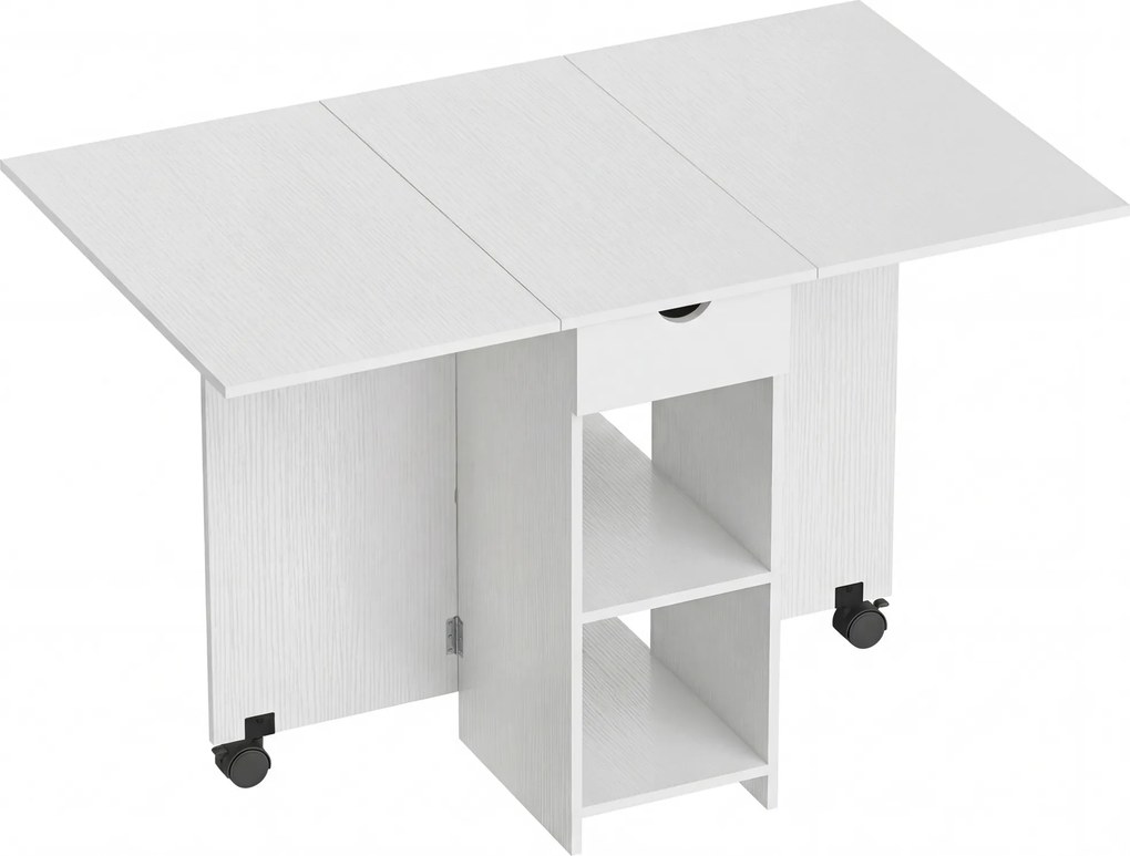 HOMCOM Mesa de Cozinha Dobrável com Rodas, Abas Rebatíveis, Gaveta e Prateleiras para 2-4 Pessoas 120x72x75 cm Branco | Aosom Portugal