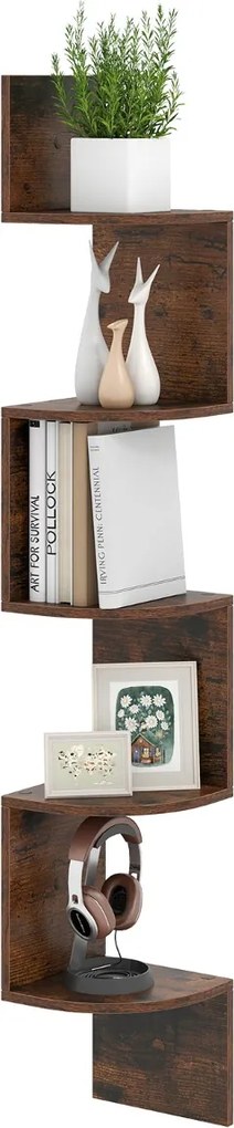 Estante de canto 20 x 20 x 126 cm de 5 níveis Organizador de armazenamento montado na parede para sala, quarto e cozinha Castanho