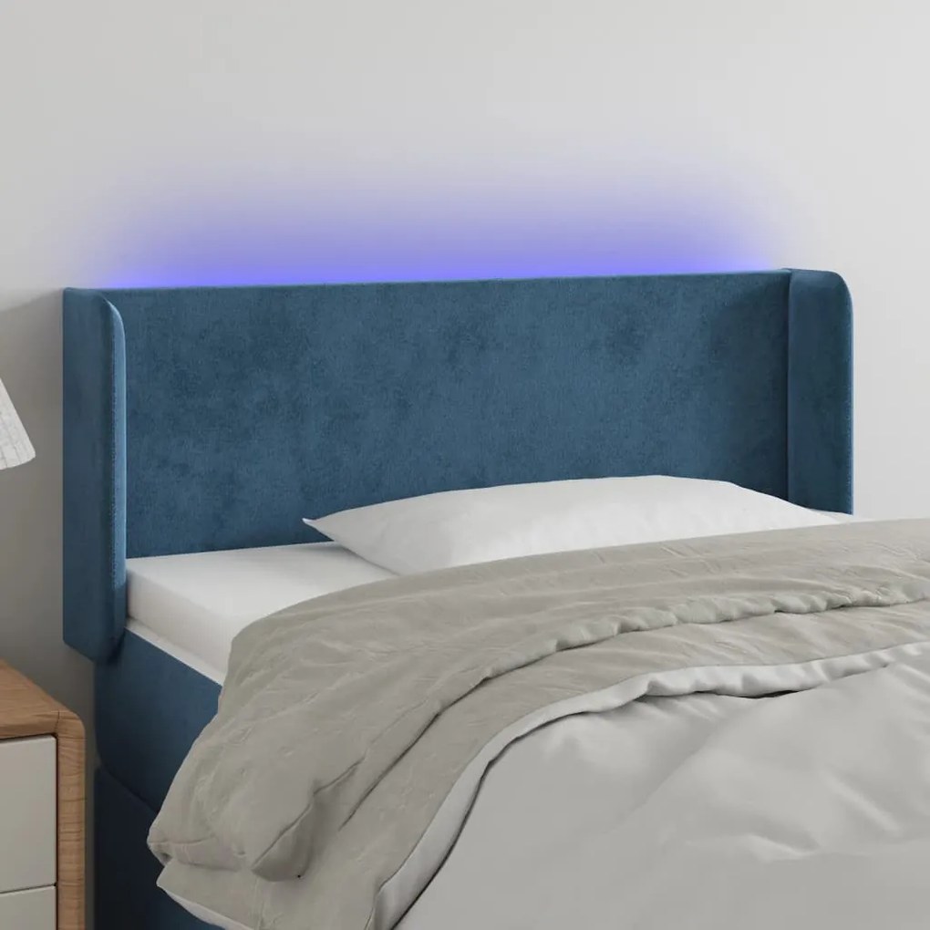 Cabeceira de cama c/ luzes LED veludo 83x16x78/88cm azul-escuro