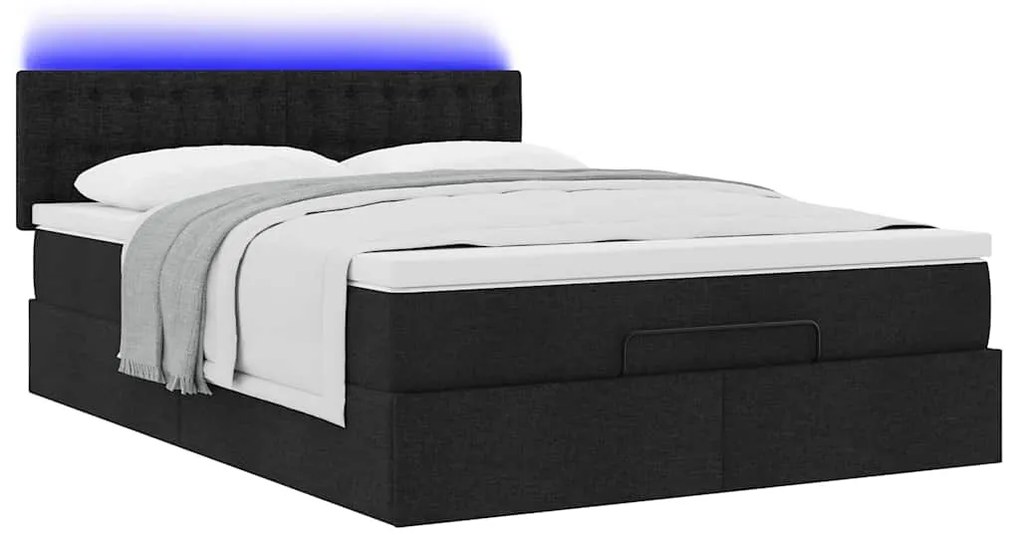 Cama Otomana com Colchão &amp; LEDs Preto 140x200 cm Tecido