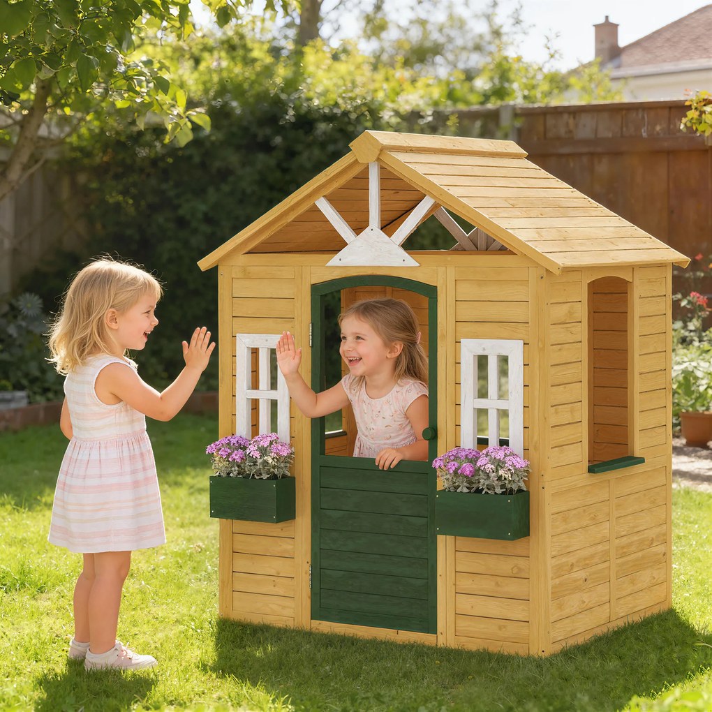 Casa de brincar infantil de exterior em madeira 134,5 x 97 x 150 cm, casinha infantil de exterior com porta, janelas, 2 floreiras, castanha