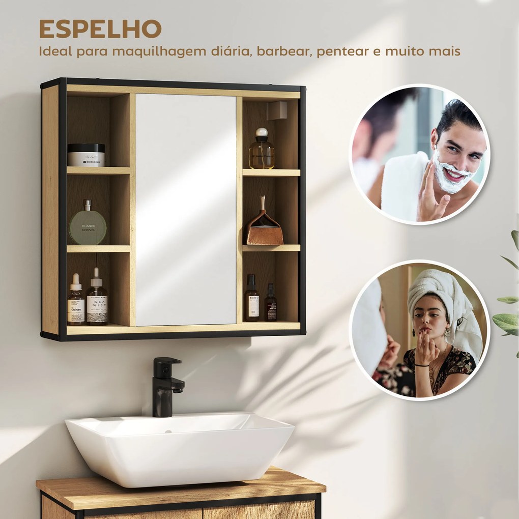 Armário de Casa de Banho com Espelho Prateleira Ajustável e 6 Compartimentos Abertos 60x16x58,5 cm Madeira