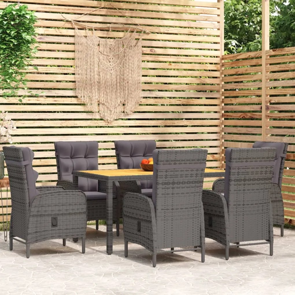 vidaXL 7 pcs conjunto de jantar para jardim vime PE cinzento