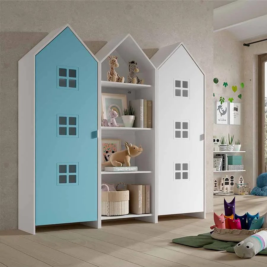 Conjunto 2 armarios Guarda Roupa infantil + estante infantil coleção CASAMI Azul e Branco