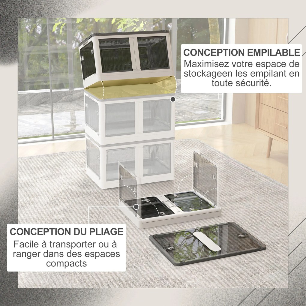 Caixa de arrumação dobrável e empilhável de 99 L em plástico 67 x 47 x 38 cm, com tampa e 4 Rodas, acesso pelos 5 lados, branca