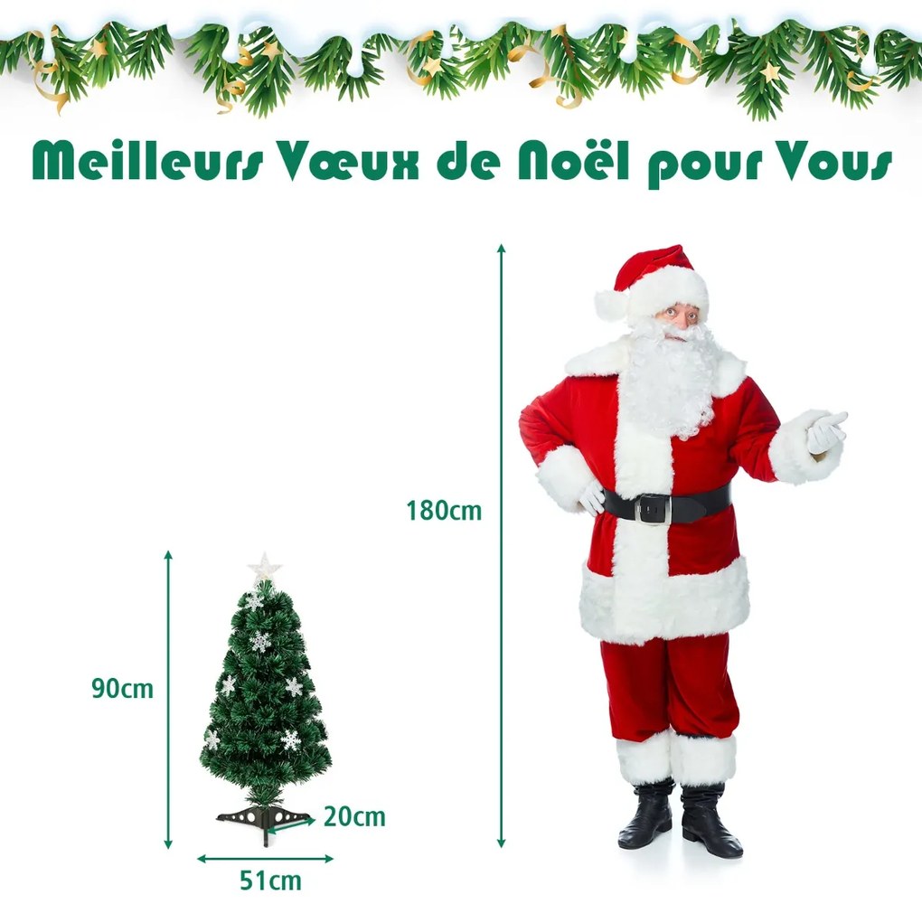 Árvore de Natal de fibra óptica de 120 cm, árvore de decoração festiva com galhos de PVC, luzes LED e flocos de neve