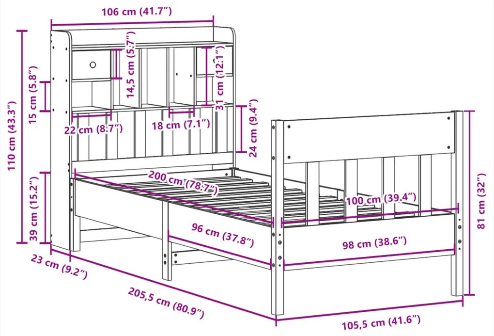 Cama sem colchão 100x200 cm pinho maciço castanho-mel