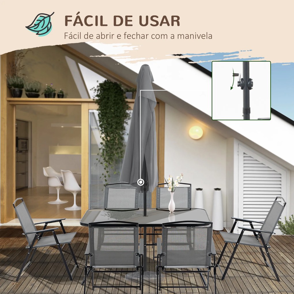 Outsunny Conjunto de Móveis de Jardim 8 Peças com 6 Cadeiras Dobráveis Mesa com Bancada de Vidro e Chapéu de Sol Inclinável Proteção Solar para Terraço Exterior Cinza