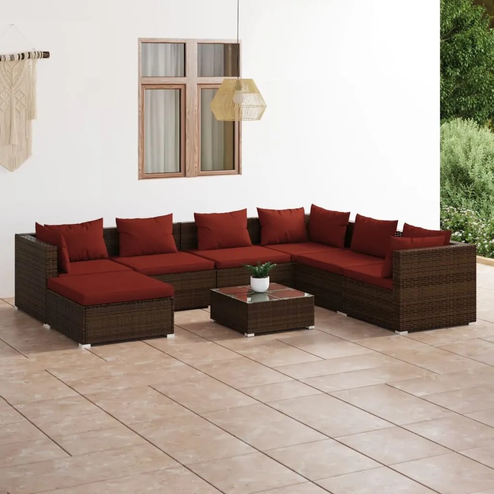 vidaXL 8 pcs conjunto lounge jardim c/ almofadões vime PE castanho