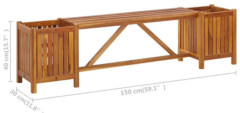 Banco de jardim com 2 vasos 150x30x40 cm madeira acácia maciça