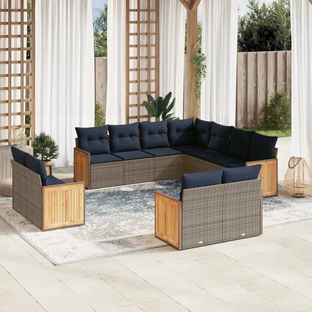 vidaXL 11 pcs conjunto sofás de jardim c/ almofadões vime PE cinzento