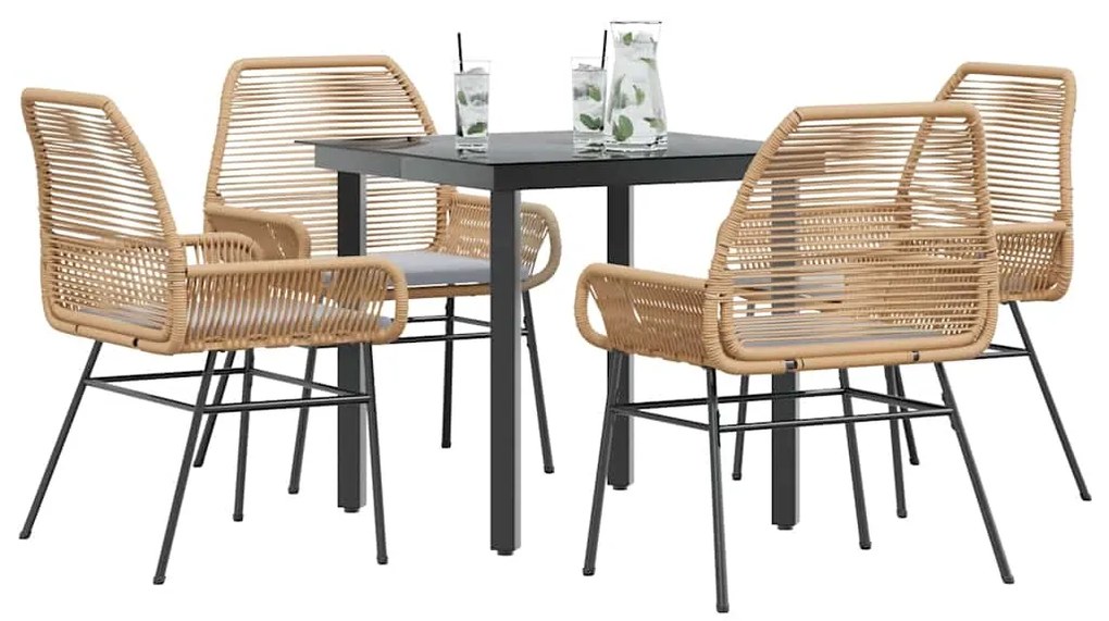 vidaXL Conjunto jantar jardim 5 peças almofadas vidro vime PE castanho