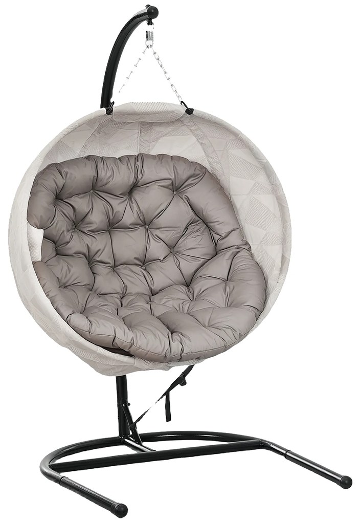 Outsunny Cadeira Suspensa com Suporte Cesto Dobrável de Malha Dupla com Almofada e Apoio para Copos 106x114x178 cm Areia e Preto | Aosom Portugal