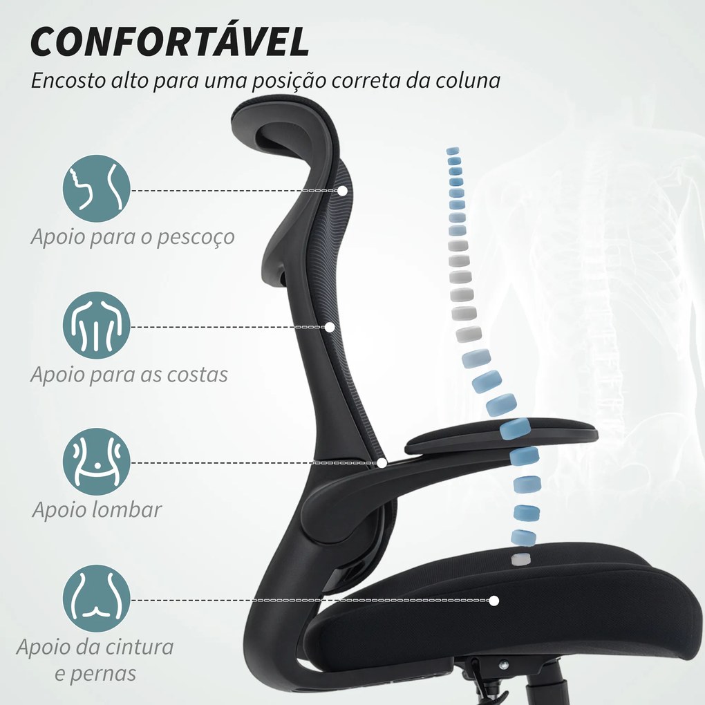 Cadeira de Escritório Ergonómica com Suporte Lombar e Apoios de Braços 3D Dobráveis Função de Basculante 64x65x108-118 cm Preto