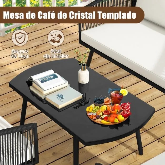Conjunto de jardim para 4 pessoas com sofá de 2 lugares, 2 cadeiras e mesa de centro em vidro temperado Preto e branco