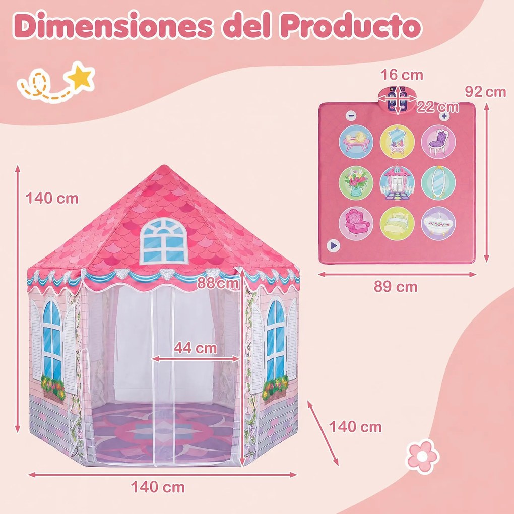 Conjunto de Tenda de Brincar e Tapete de Dança, 140 x 140 x 140 cm, Design de Castelo de Princesas, Rosa