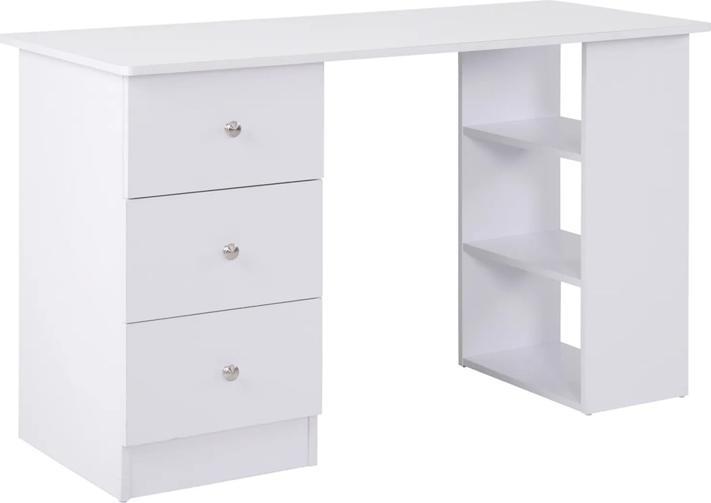 Secretária multimédia com várias opções de arrumação: 3 gavetas e 2 prateleiras, 120 x 49 x 72 cm, branca